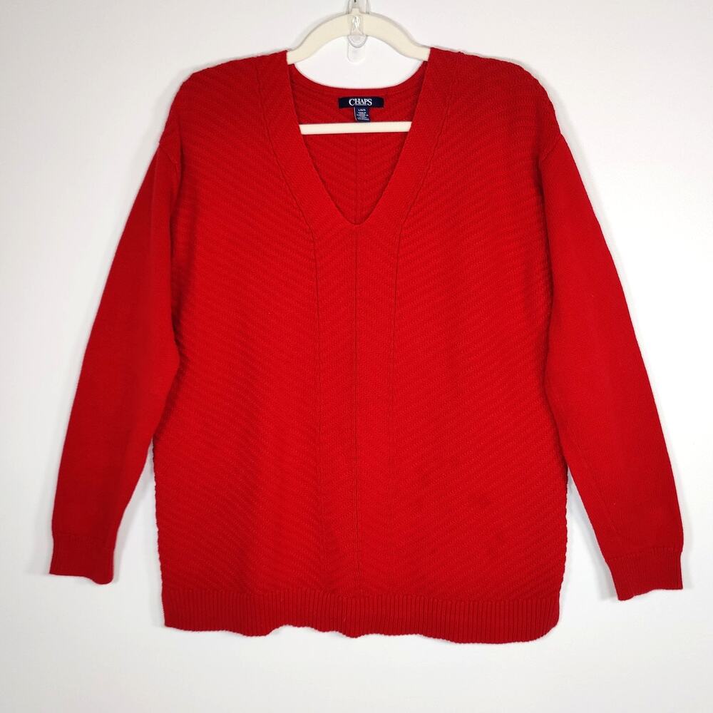 CHAPS Ralph Lauren Red Cotton V Neck Sweater L Coastal Quiet Luxury